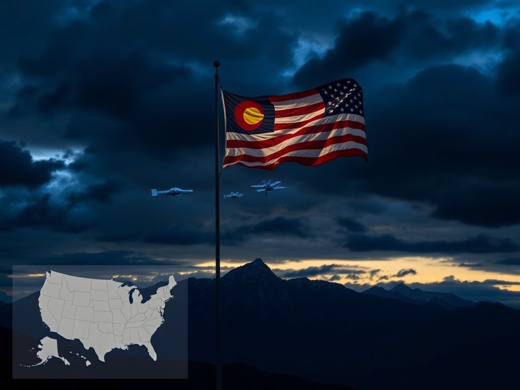 Flick International Twilight scene over the Colorado Rockies with an American flag and space technology symbols