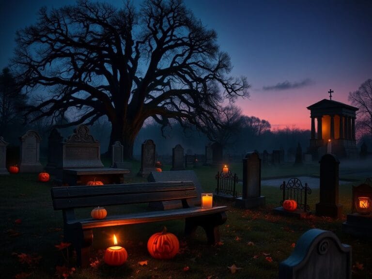 Flick International Tranquil cemetery scene at twilight with glowing candles and carved pumpkins