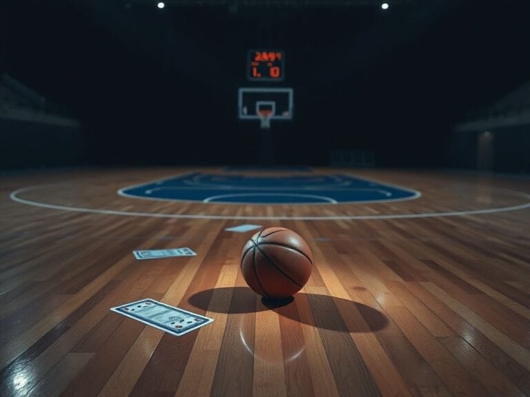 Flick International A basketball court with a lone basketball resting on the floor, surrounded by shadows and scattered betting slips