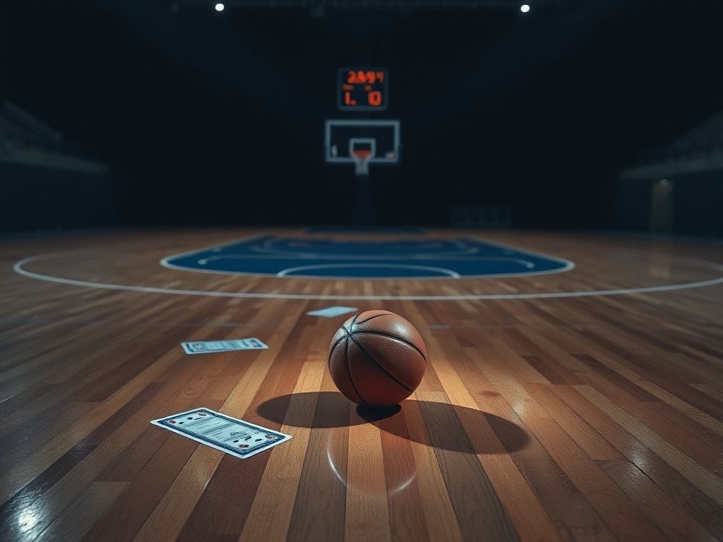 Flick International A basketball court with a lone basketball resting on the floor, surrounded by shadows and scattered betting slips