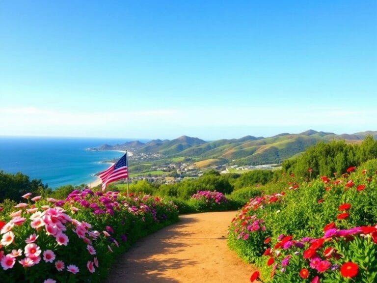 Flick International Coastal view of Montecito, California with lush greenery and an American flag