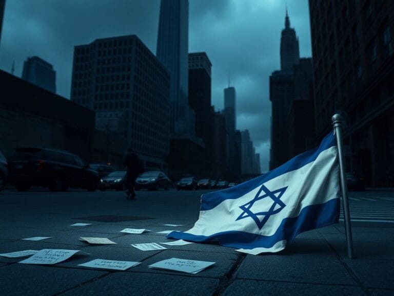 Flick International Torn Israeli flag on a New York City street symbolizing conflict