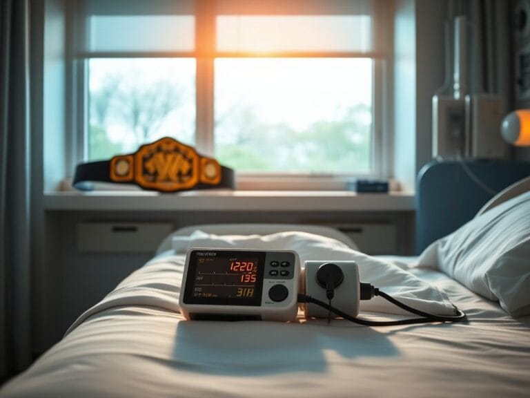 Flick International A serene hospital rehabilitation room with medical equipment symbolizing recovery for Mike Rotunda