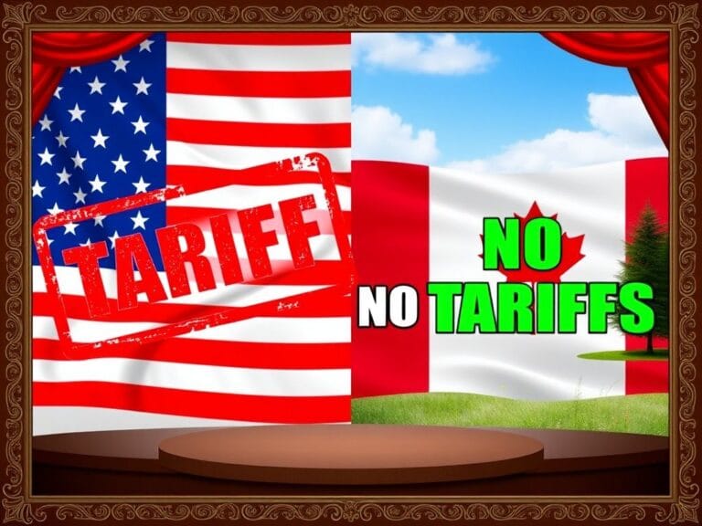 Flick International Stylized representation of the U.S. and Canada in an economic standoff with tariff and no tariffs messages
