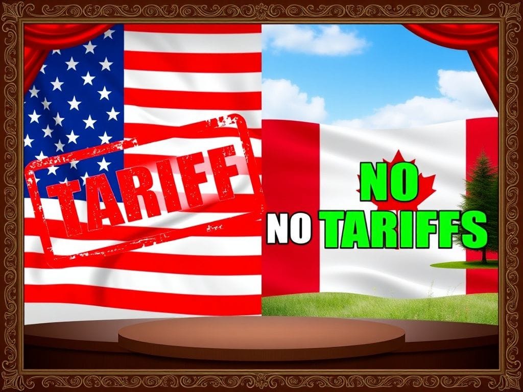 Flick International Stylized representation of the U.S. and Canada in an economic standoff with tariff and no tariffs messages