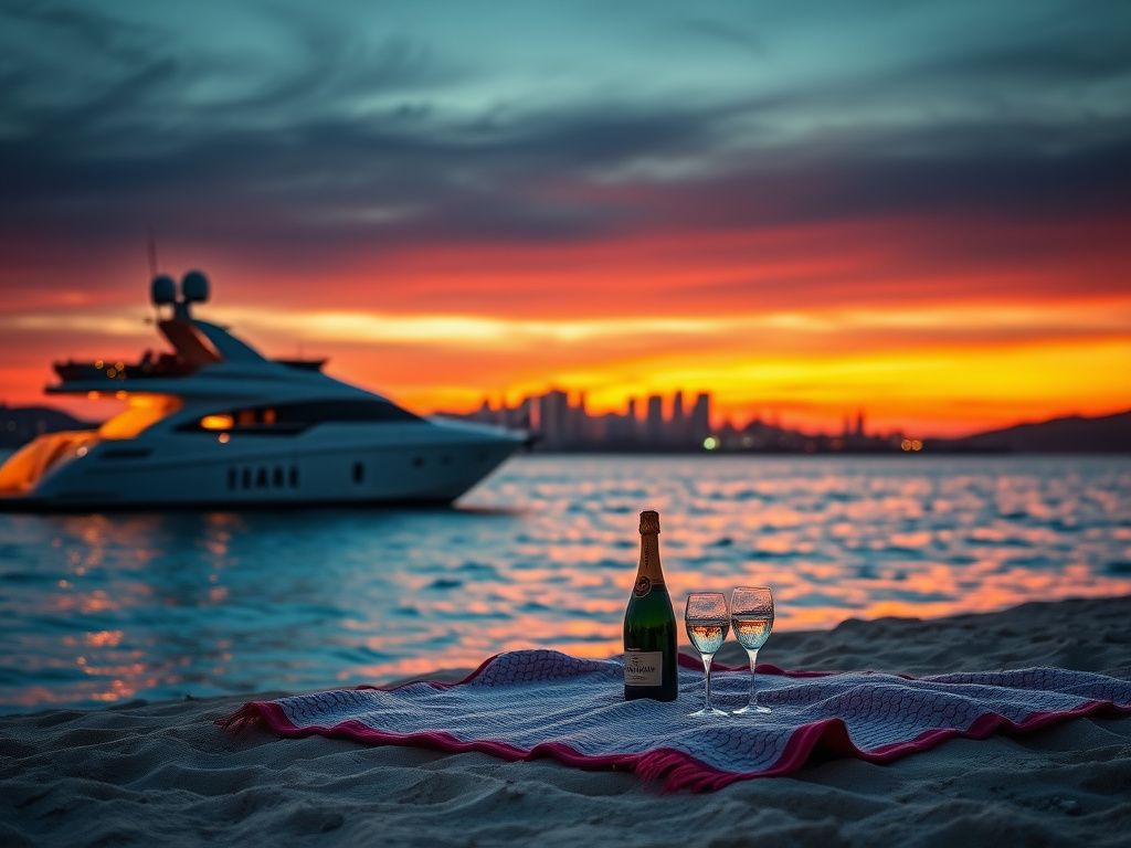 Flick International A luxurious yacht bobbing on calm waters at sunset, symbolizing romance.