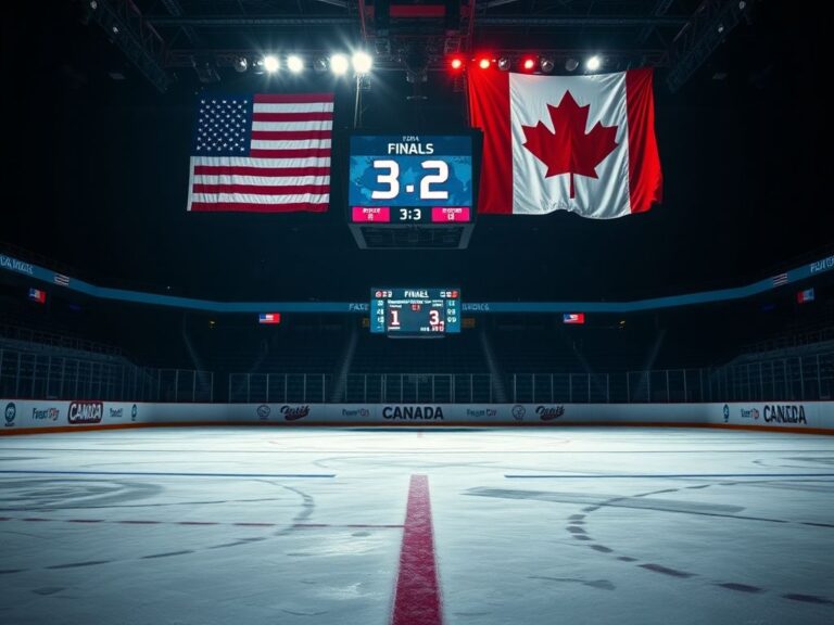 Flick International Ice hockey rink illuminated with American and Canadian flags during a tense match