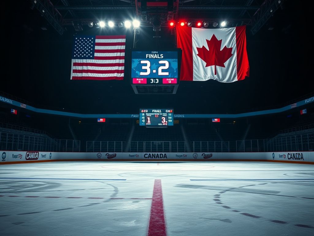 Flick International Ice hockey rink illuminated with American and Canadian flags during a tense match