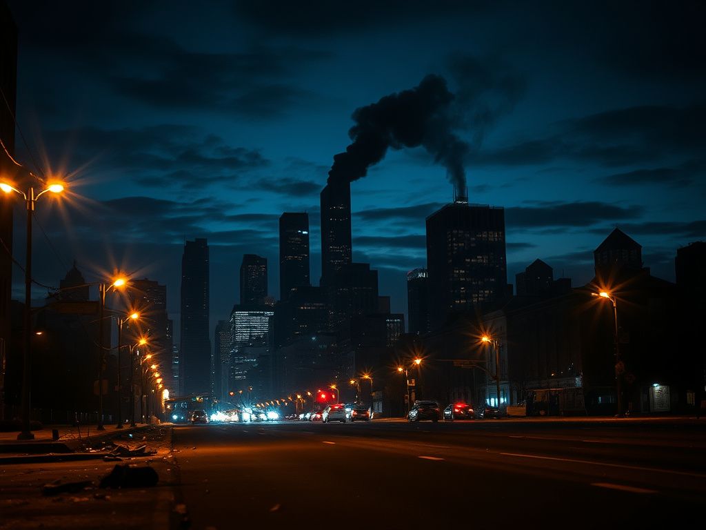 Flick International Dramatic nighttime cityscape of Chicago depicting unrest and tension