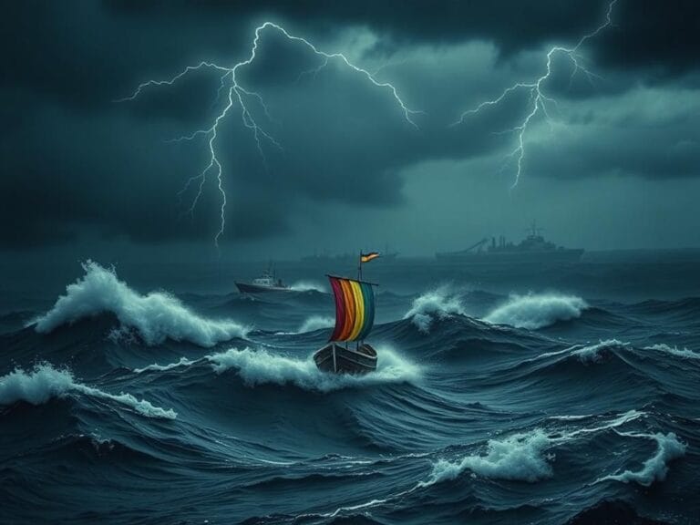 Flick International A small boat with colorful flags on turbulent waters, symbolizing the Global Sumud Flotilla.