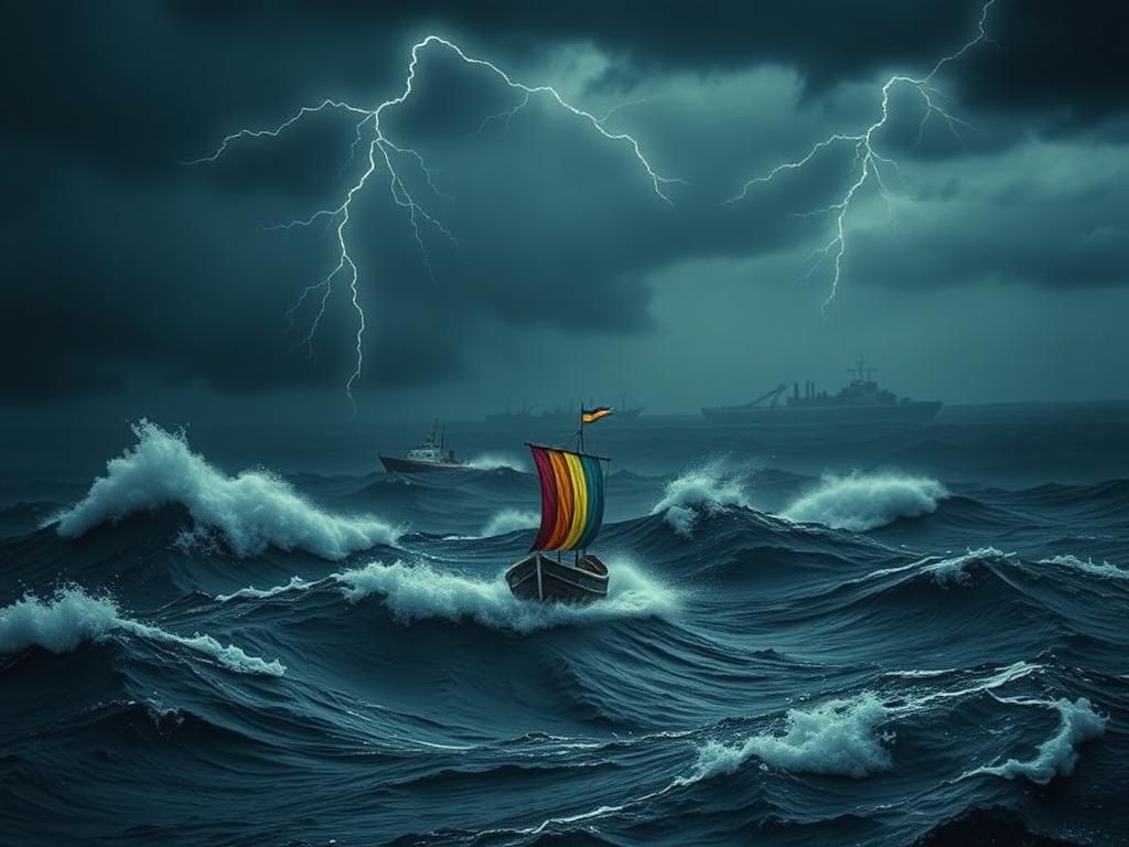 Flick International A small boat with colorful flags on turbulent waters, symbolizing the Global Sumud Flotilla.