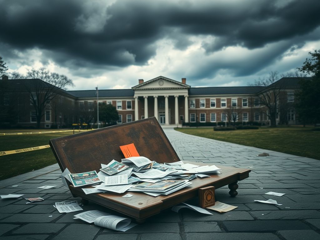 Flick International Overturned table on a university campus symbolizing chaos and tension