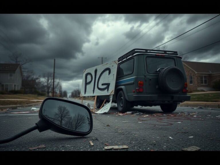 Flick International A deserted street in suburban Chicago with a government vehicle and protest signs