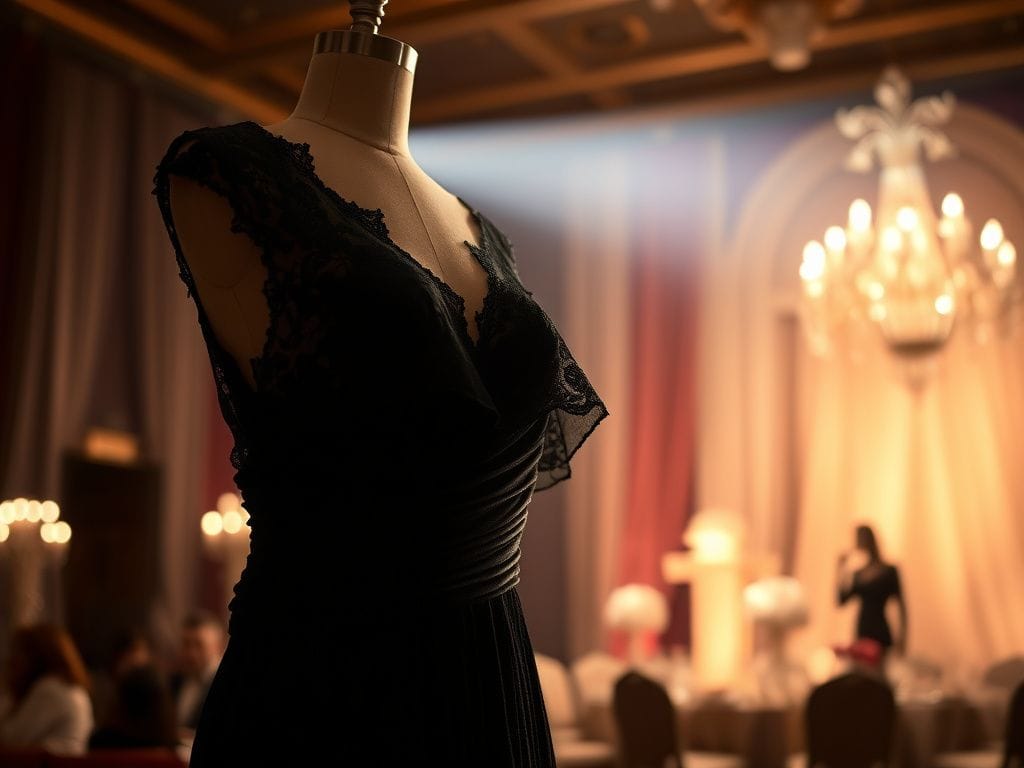 Flick International Vintage black lace dress on a dress form with ruby earrings, evoking NYC gala elegance