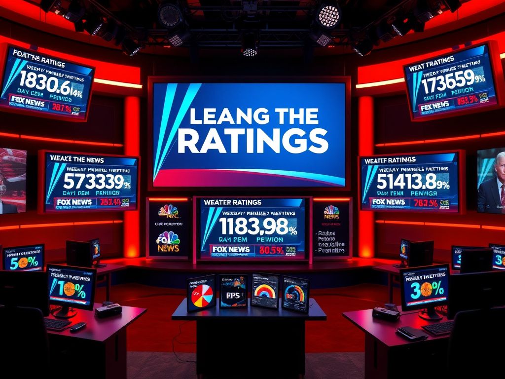 Flick International Dynamic newsroom scene with multiple screens displaying Fox News ratings and statistics.