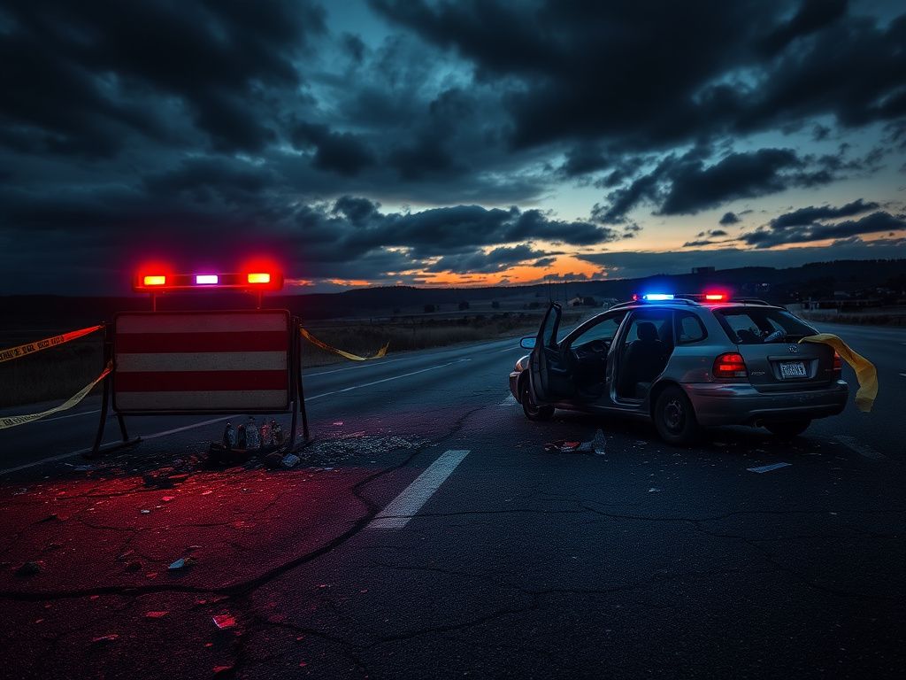 Flick International A somber roadside scene at dusk showing a crashed vehicle with debris and police barricade