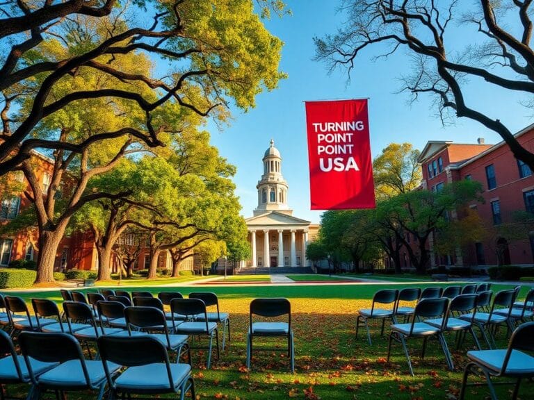 Flick International A vibrant view of the University of Mississippi campus showcasing a Turning Point USA banner and empty chairs representing student engagement