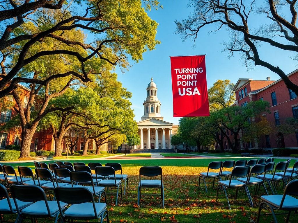 Flick International A vibrant view of the University of Mississippi campus showcasing a Turning Point USA banner and empty chairs representing student engagement