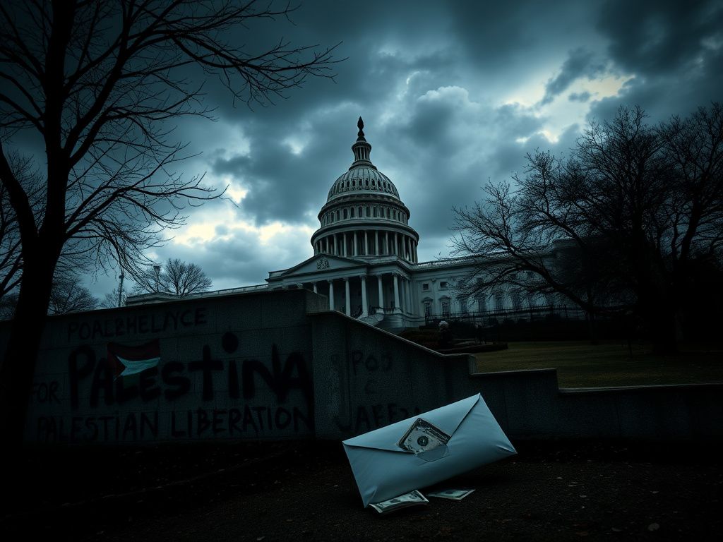 Flick International Dark, atmospheric depiction of a historical building in Washington, D.C. with Palestinian graffiti and campaign cash on the ground