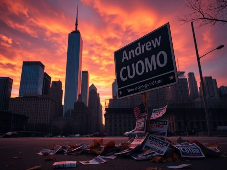 Flick International A dramatic view of New York City skyline at sunset with a weathered campaign sign for Andrew Cuomo in the foreground