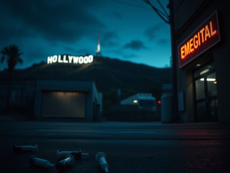 Flick International Blurred silhouette of Hollywood sign with urban landscape and eerie neon lights