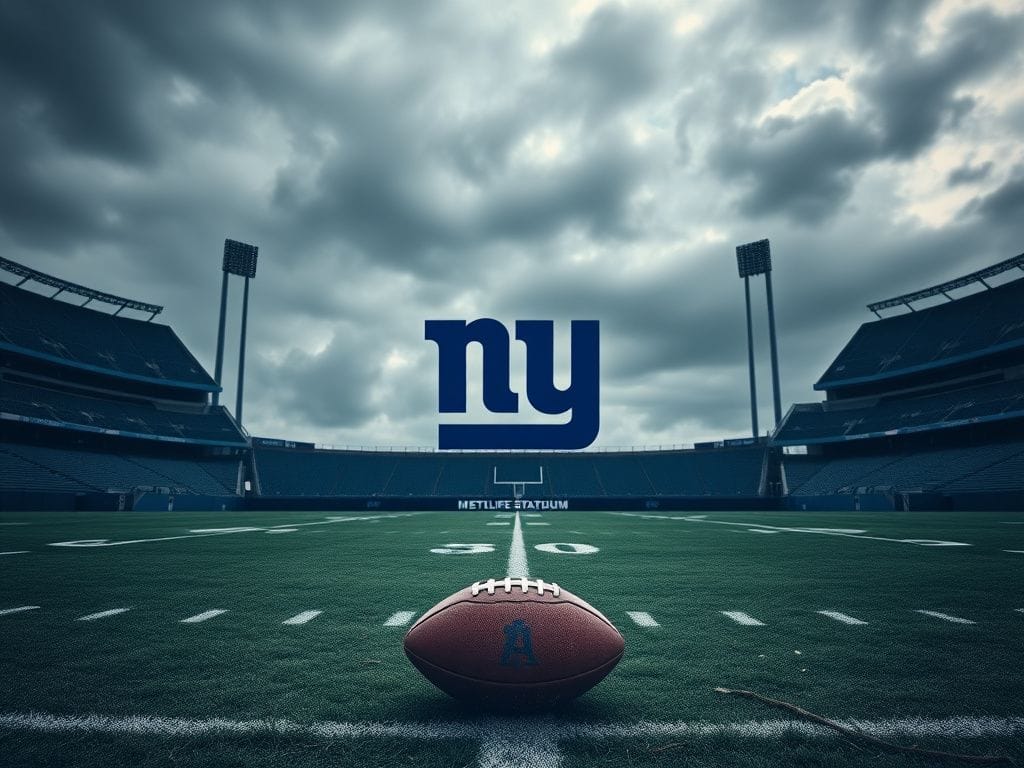 Flick International A lonely football field at MetLife Stadium, marked with faded yard lines and a prominent 'Giants' logo under overcast skies