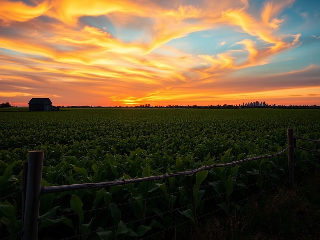 Flick International Vast fields of soybeans ready for harvest under a dramatic sunset sky