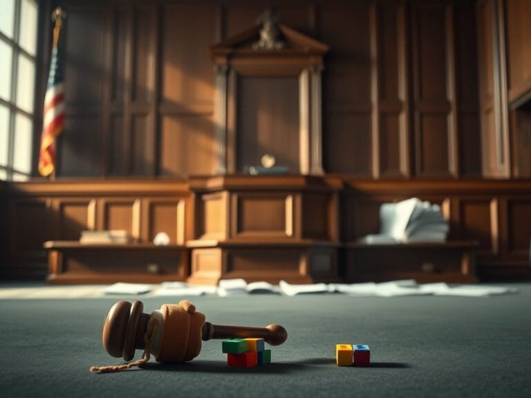 Flick International Courtroom scene with a wooden bench and a child's colorful toy, symbolizing innocence amid legal turmoil