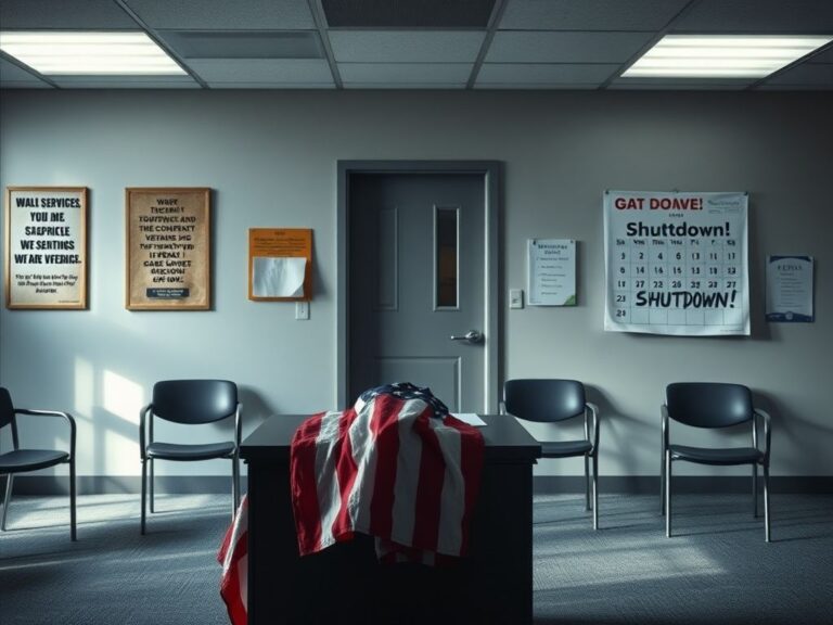 Flick International Deserted Veterans Affairs office with American flag draped over a desk