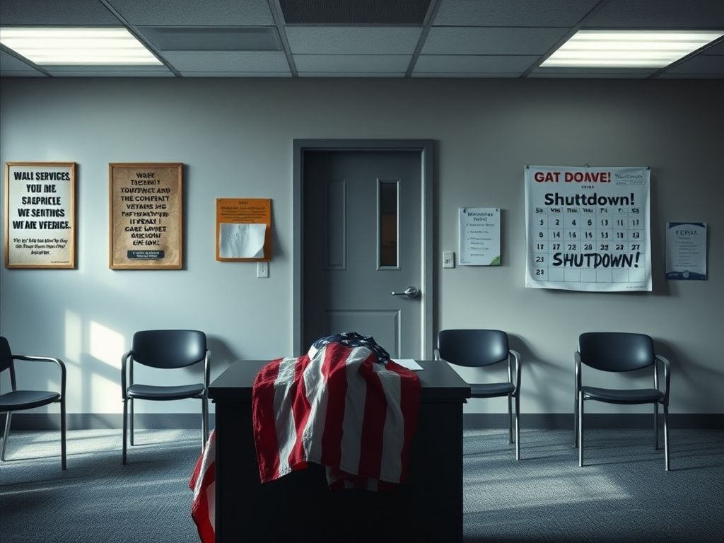 Flick International Deserted Veterans Affairs office with American flag draped over a desk