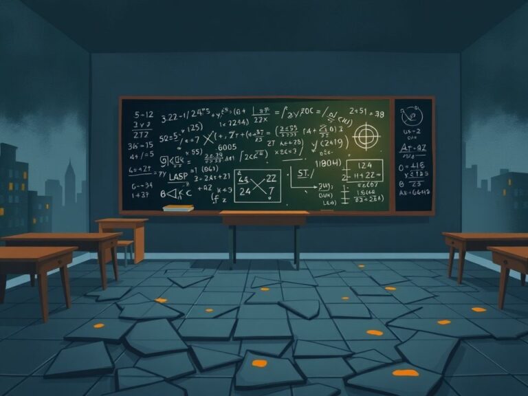 Flick International Abstract representation of a classroom with mathematical equations and a shadowy urban landscape symbolizing systemic inequities