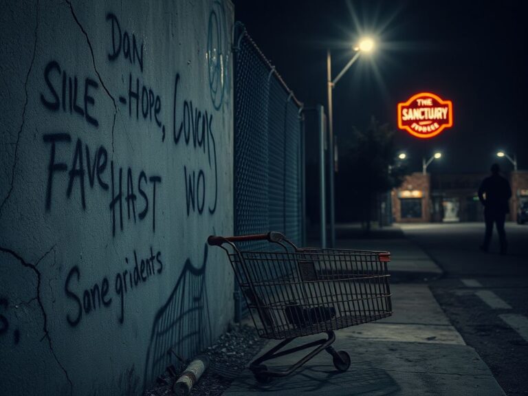 Flick International A somber urban scene contrasting safety and danger, featuring a cracked concrete wall with graffiti and an abandoned shopping cart.