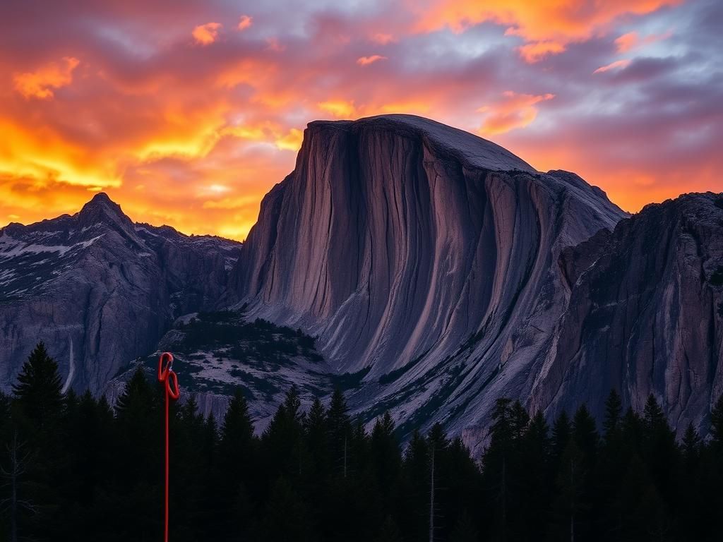 Flick International Dramatic sunset view of El Capitan in Yosemite National Park with climbing gear abandoned on the rock face