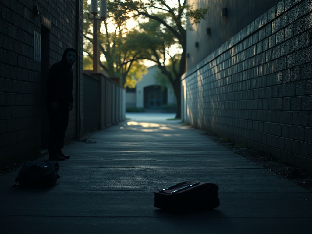 Flick International A dark alleyway near a school in Galveston, Texas, with a shadowy figure lurking and a scattered backpack in the foreground