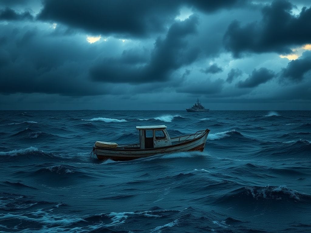 Flick International A dilapidated fishing boat partially submerged in turbulent waters, surrounded by colorful drug packages, highlighting narco-trafficking issues.