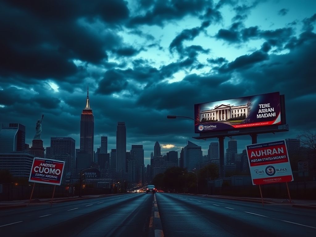 Flick International Dramatic New York City skyline at dusk with stormy clouds