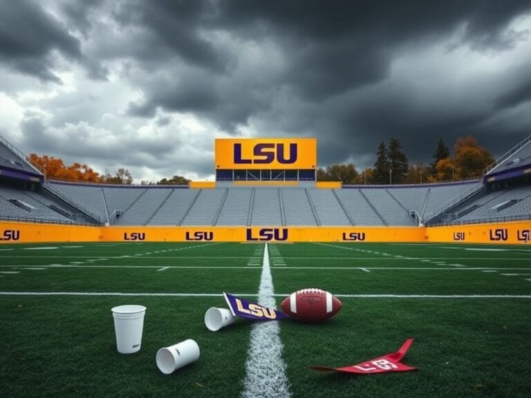 Flick International Empty LSU football stadium under overcast skies with dark clouds looming