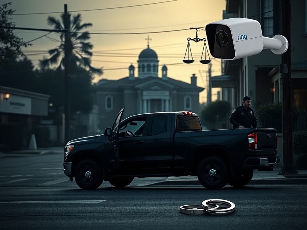 Flick International Quiet street in San Jose during early morning with a black truck parked and door ajar, indicating a recent arrest