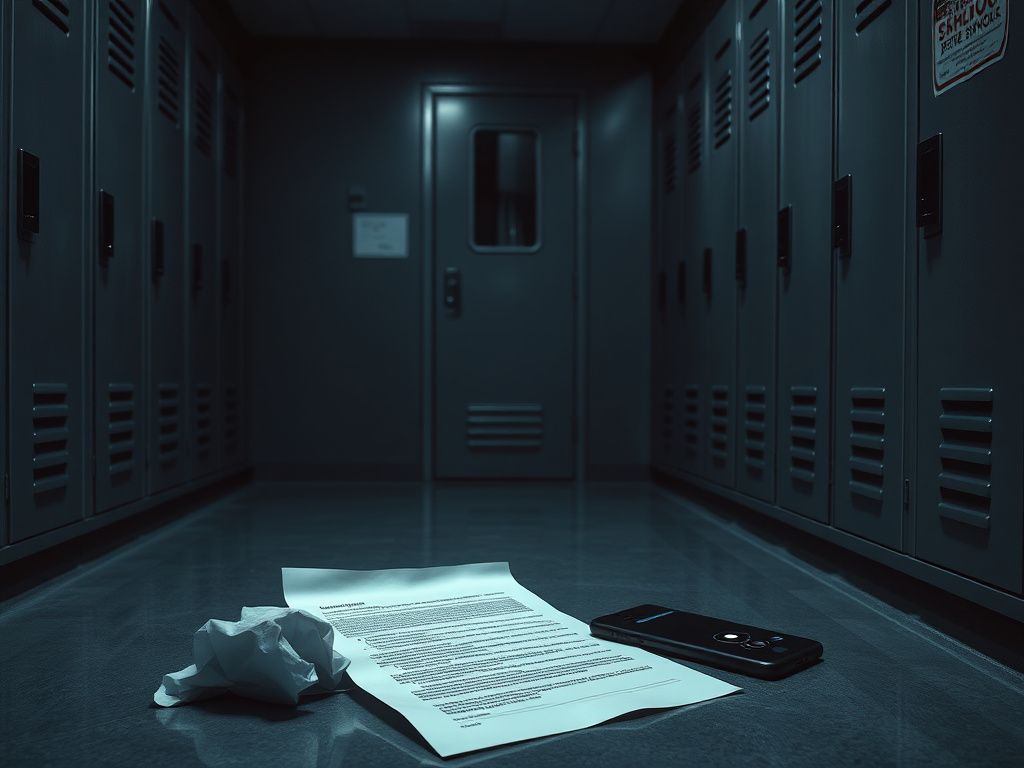 Flick International Dimly lit high school locker room with neglected lockers and closed bathroom stall