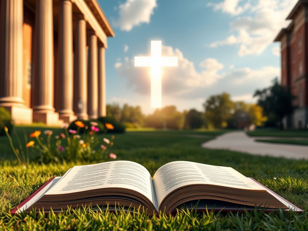 Flick International A serene outdoor scene at a university campus featuring tall columns, an open book on grassy lawn, and vibrant wildflowers, symbolizing knowledge and faith.