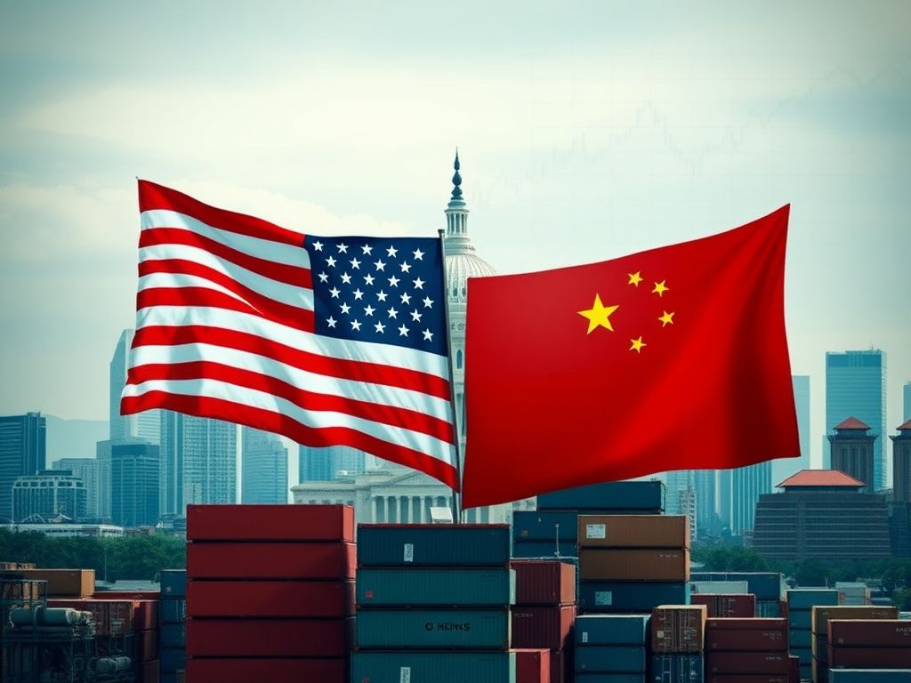Flick International Artistic depiction of intertwined US and China flags against a city skyline symbolizing trade negotiations