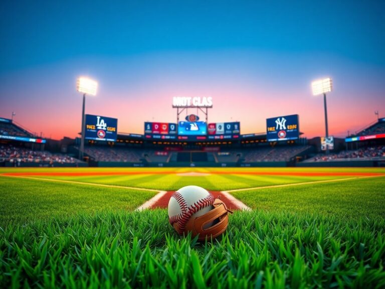 Flick International A baseball glove and ball resting on lush green grass at a vibrant baseball diamond during dusk
