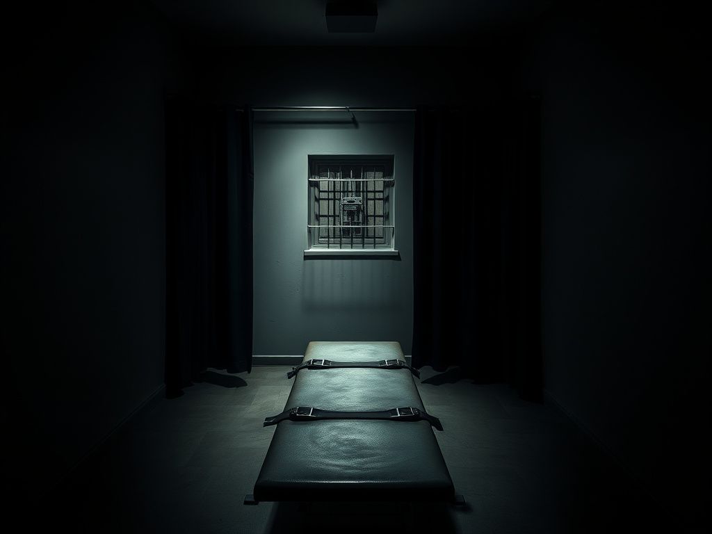 Flick International Empty execution chamber with gurney and leather straps