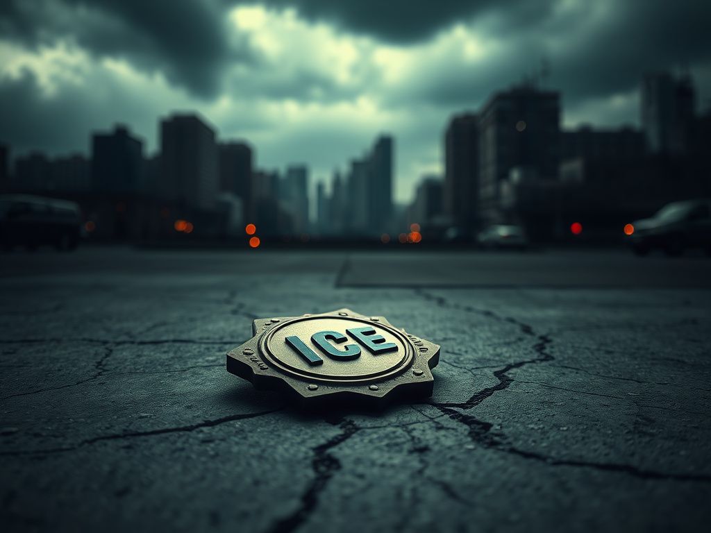 Flick International An ICE badge lying on a cracked concrete floor with shadows, depicting the threats faced by ICE officers.