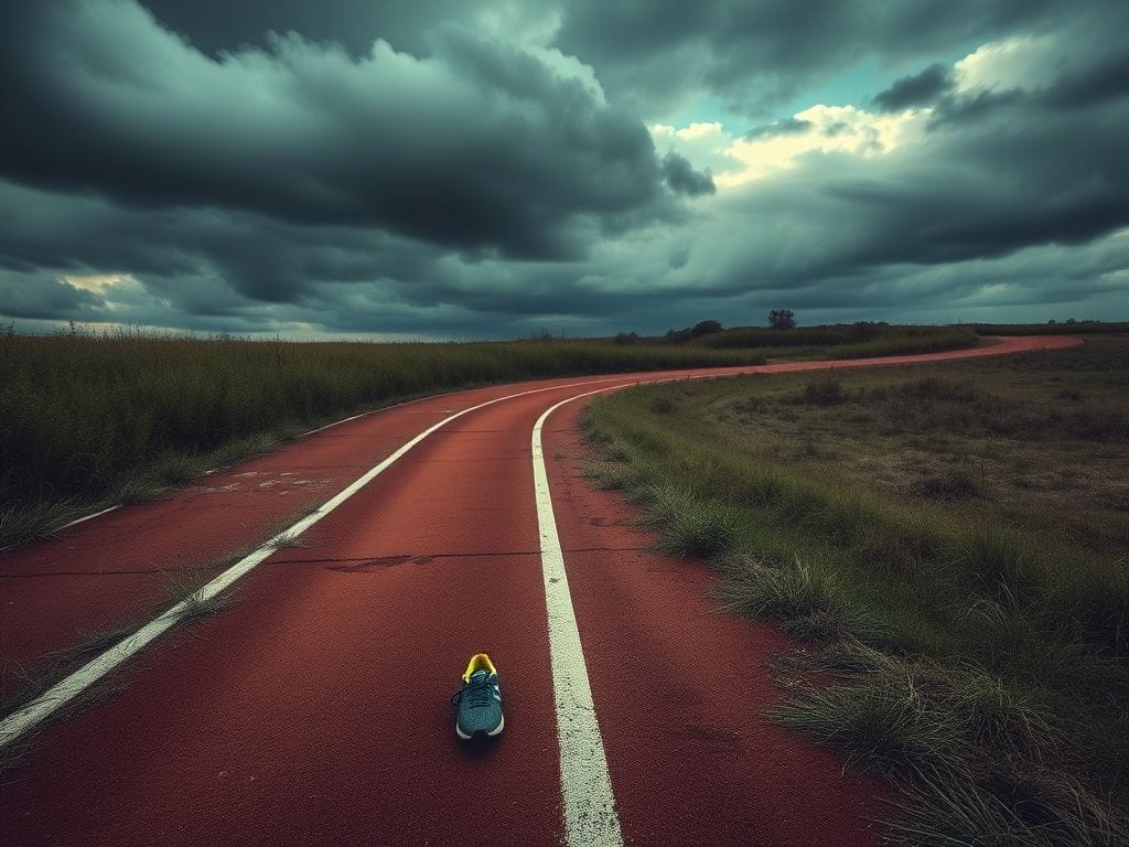 Flick International Worn-down running track symbolizes the struggle between action and hesitation