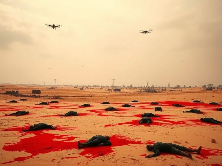 Flick International A desolate landscape in El Fasher, Sudan, showcasing stark contrasts of bloodstains and burnt neighborhoods
