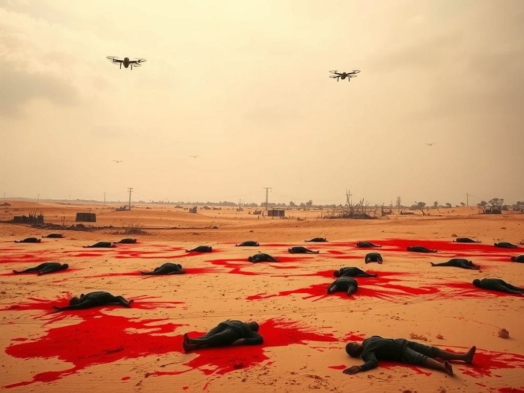 Flick International A desolate landscape in El Fasher, Sudan, showcasing stark contrasts of bloodstains and burnt neighborhoods