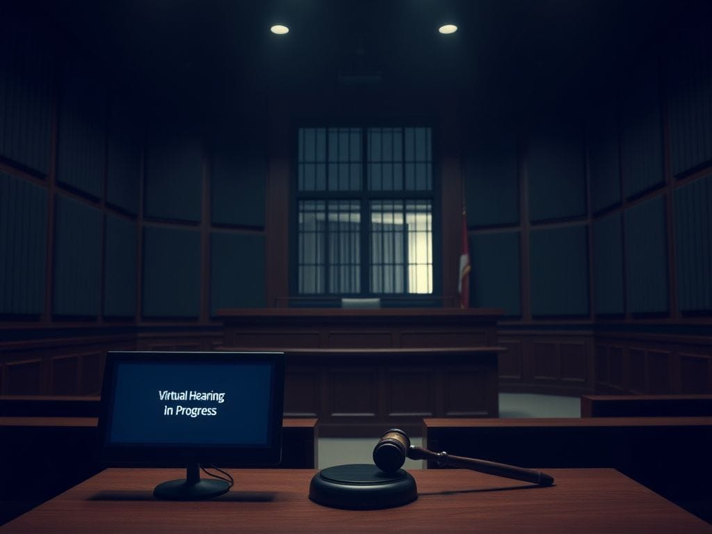 Flick International Dimly lit courtroom showing an empty judge's bench and witness stand, symbolizing the secrecy of virtual hearings in the Charlie Kirk case.