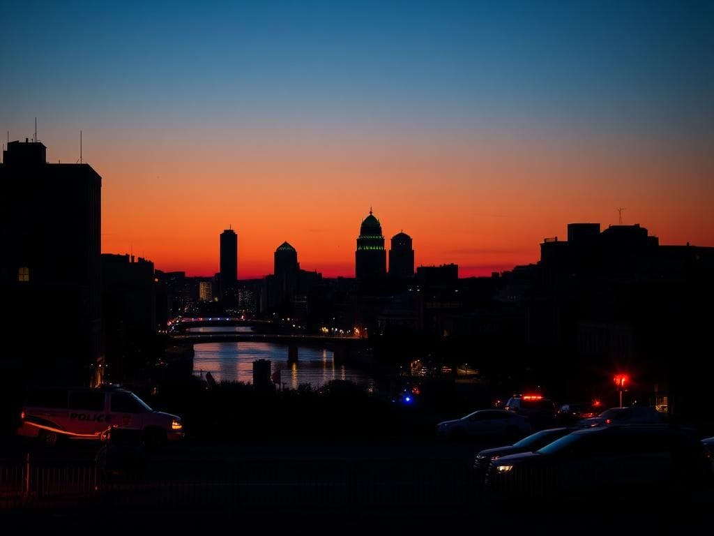 Flick International Vibrant urban landscape of Memphis at dusk with police presence