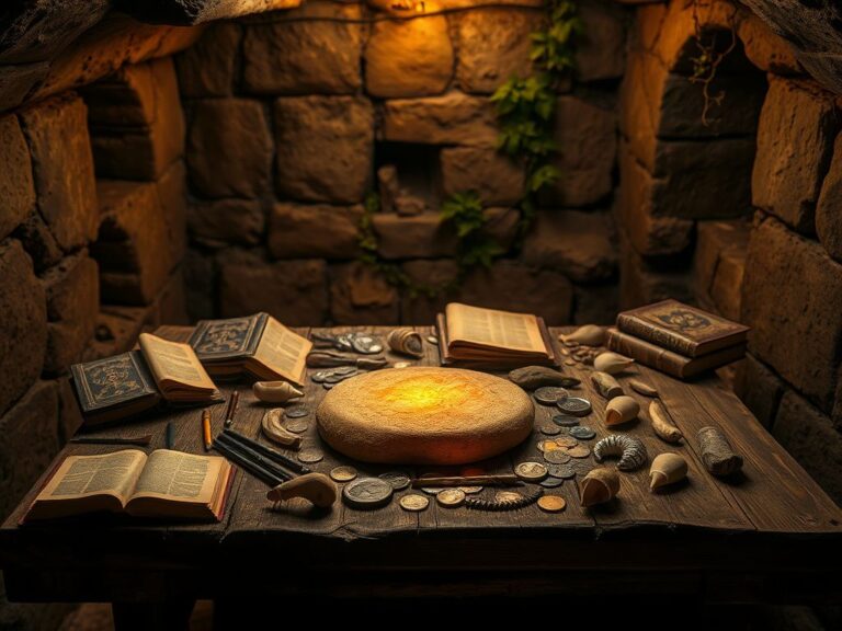 Flick International Dimly lit underground excavation site with medieval artifacts displayed on a wooden table